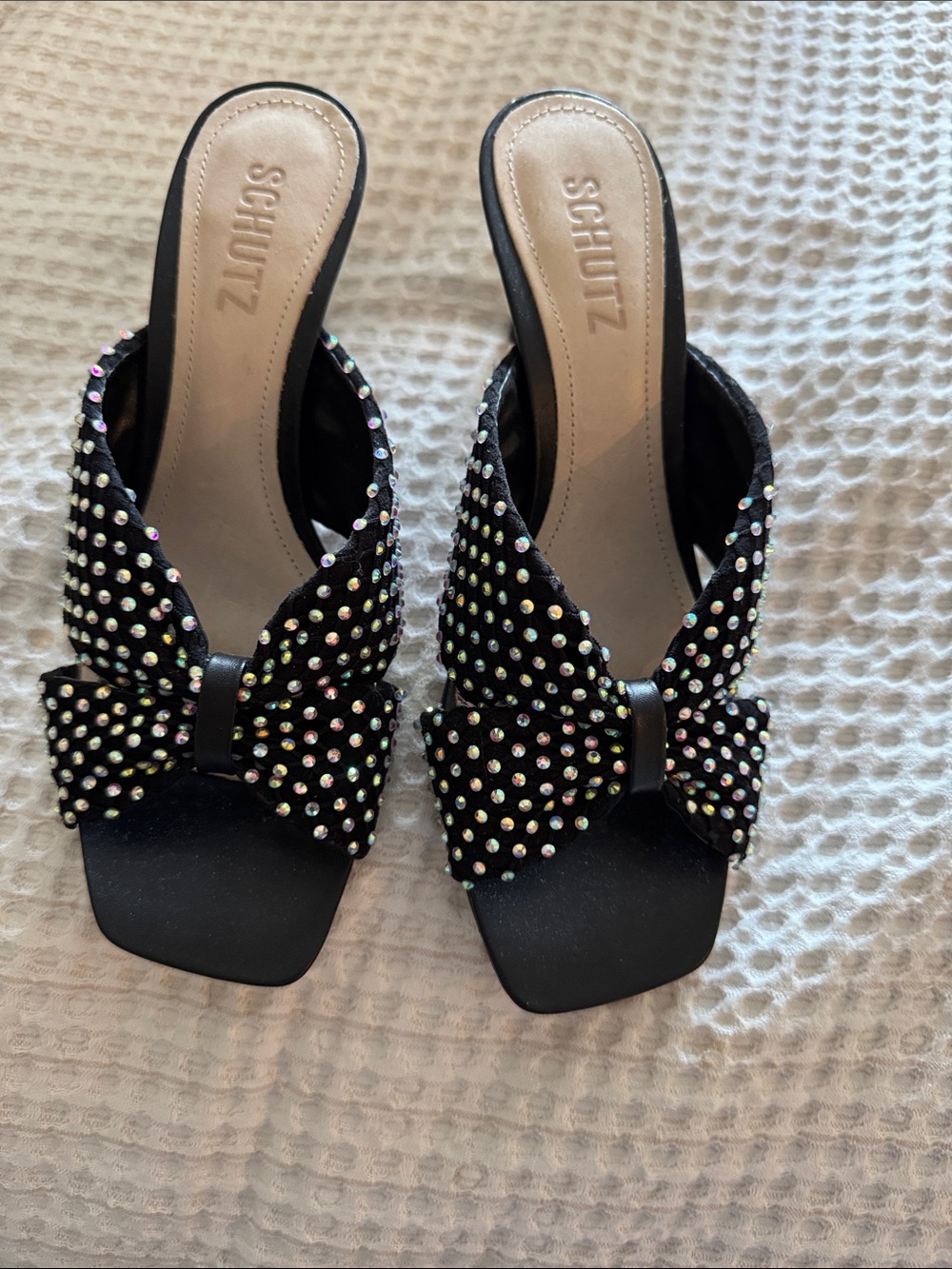 SCHUTZ Black Jeweled Bow Slide Mules